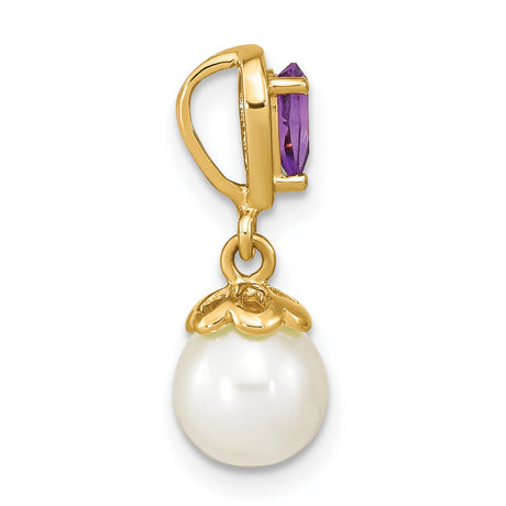 14k Yellow Gold Pendant with Amethyst and White Pearl Drop, Floral Detail