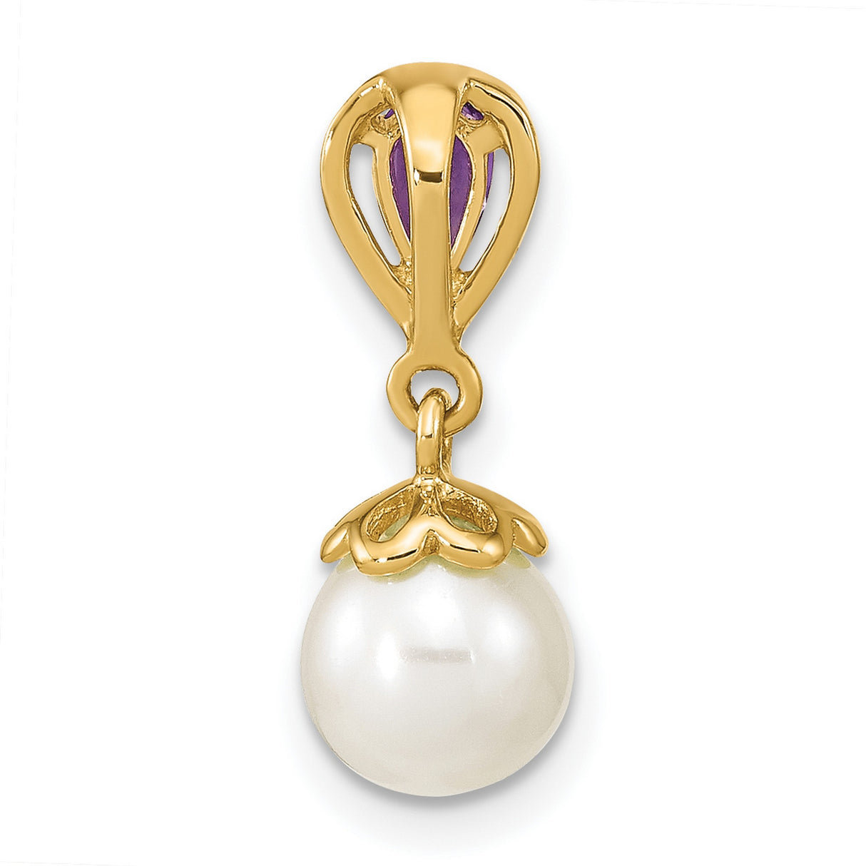 14k Yellow Gold Pendant with Amethyst and White Pearl Drop, Floral Detail