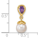 14k Yellow Gold Pendant with Amethyst and White Pearl Drop, Floral Detail
