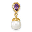 14k Yellow Gold Pendant with Amethyst and White Pearl Drop, Floral Detail