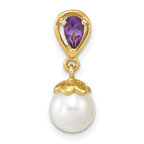 14k Yellow Gold Pendant with Amethyst and White Pearl Drop, Floral Detail