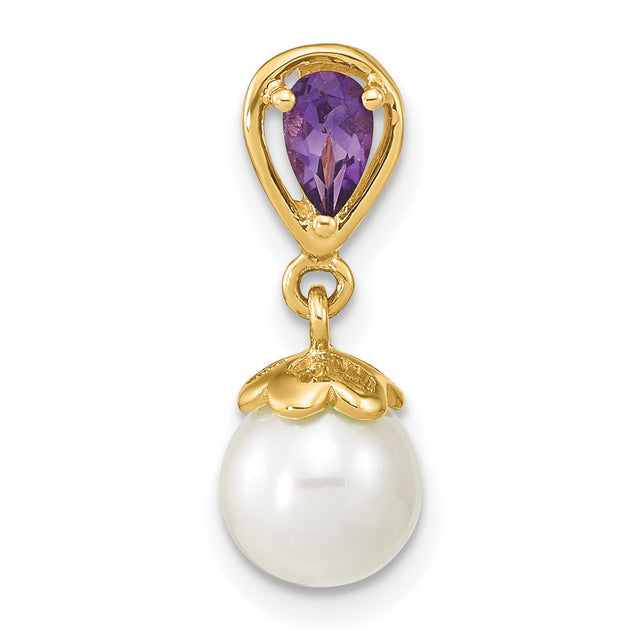 14k Yellow Gold Pendant with Amethyst and White Pearl Drop, Floral Detail