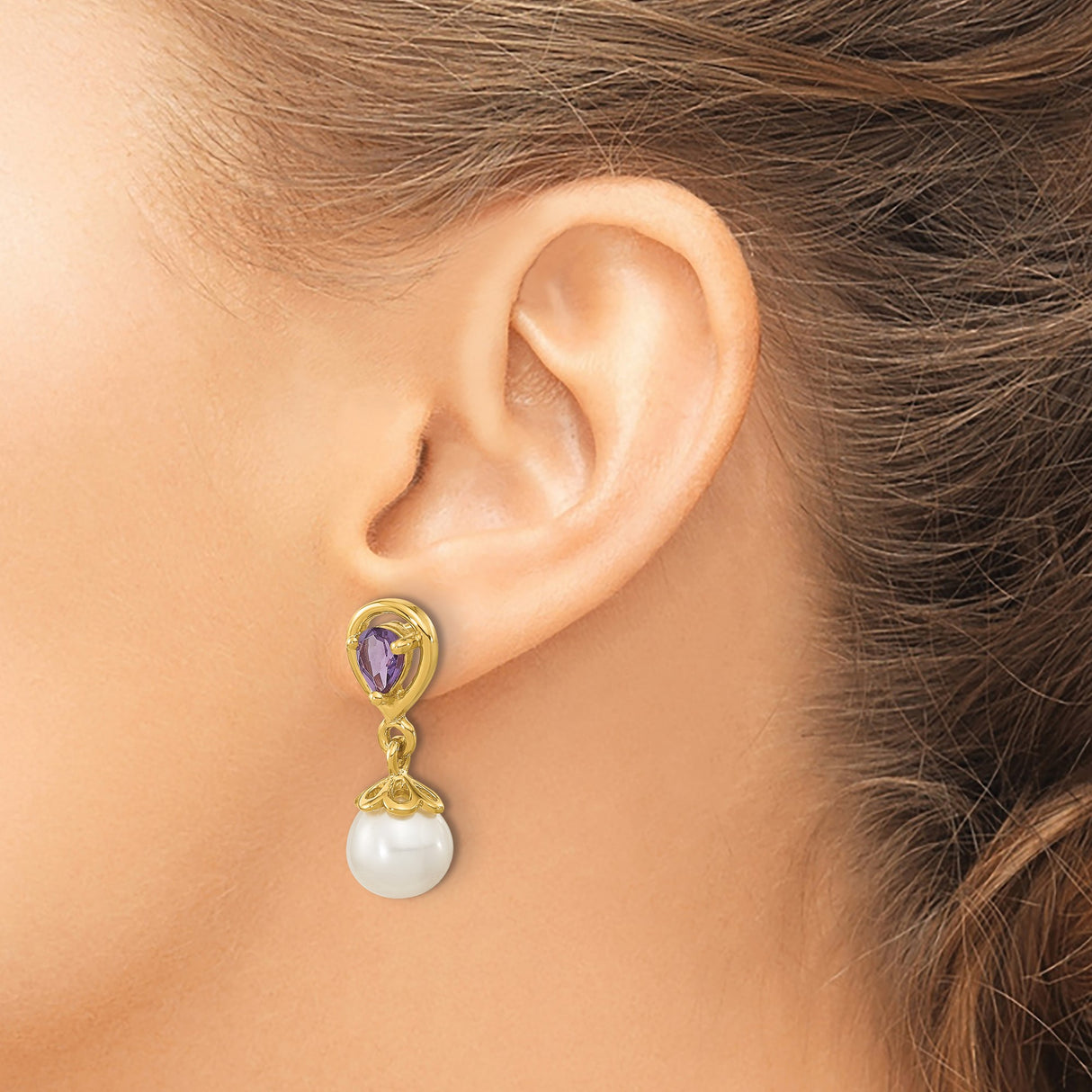 14k Yellow Gold Dangle Earrings with Amethyst and White Cultured Pearl Drops