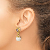 14k Yellow Gold Dangle Earrings with Amethyst and White Cultured Pearl Drops