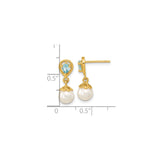14k Yellow Gold Dangle Earrings with Cultured Pearl and Teardrop Blue Topaz, Floral Design