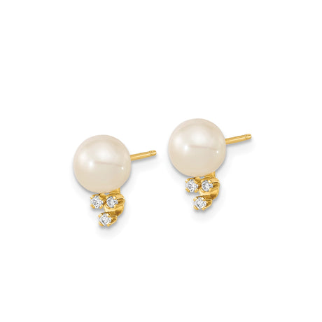 14k Yellow Gold Stud Earrings with Round White Cultured Pearls and Diamond Accents