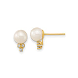 14k Yellow Gold Stud Earrings with Round White Cultured Pearls and Diamond Accents