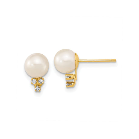 14k Yellow Gold Stud Earrings with Round White Cultured Pearls and Diamond Accents
