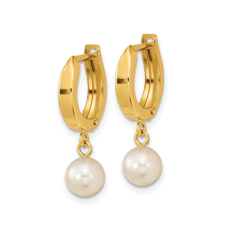 14k Yellow Gold Hoop Earrings with White Akoya Pearl Drops, Classic Bridal Jewelry
