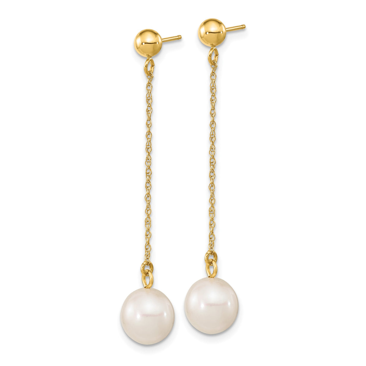 14k Yellow Gold Dangle Earrings with White Pearls and Delicate Chain Drops