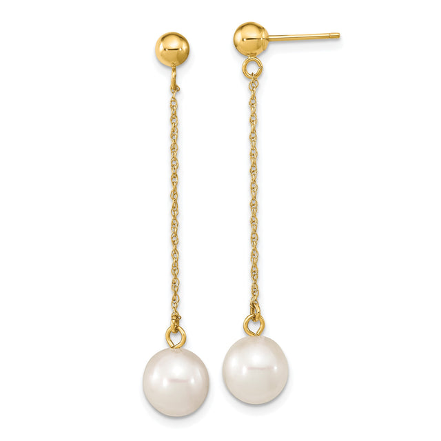 14k Yellow Gold Dangle Earrings with White Pearls and Delicate Chain Drops