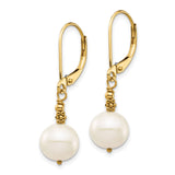 14k Yellow Gold Leverback Earrings with White Round Pearls and Gold Bead Accents
