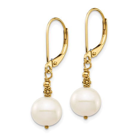 14k Yellow Gold Leverback Earrings with White Round Pearls and Gold Bead Accents