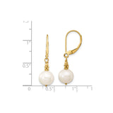14k Yellow Gold Leverback Earrings with White Round Pearls and Gold Bead Accents