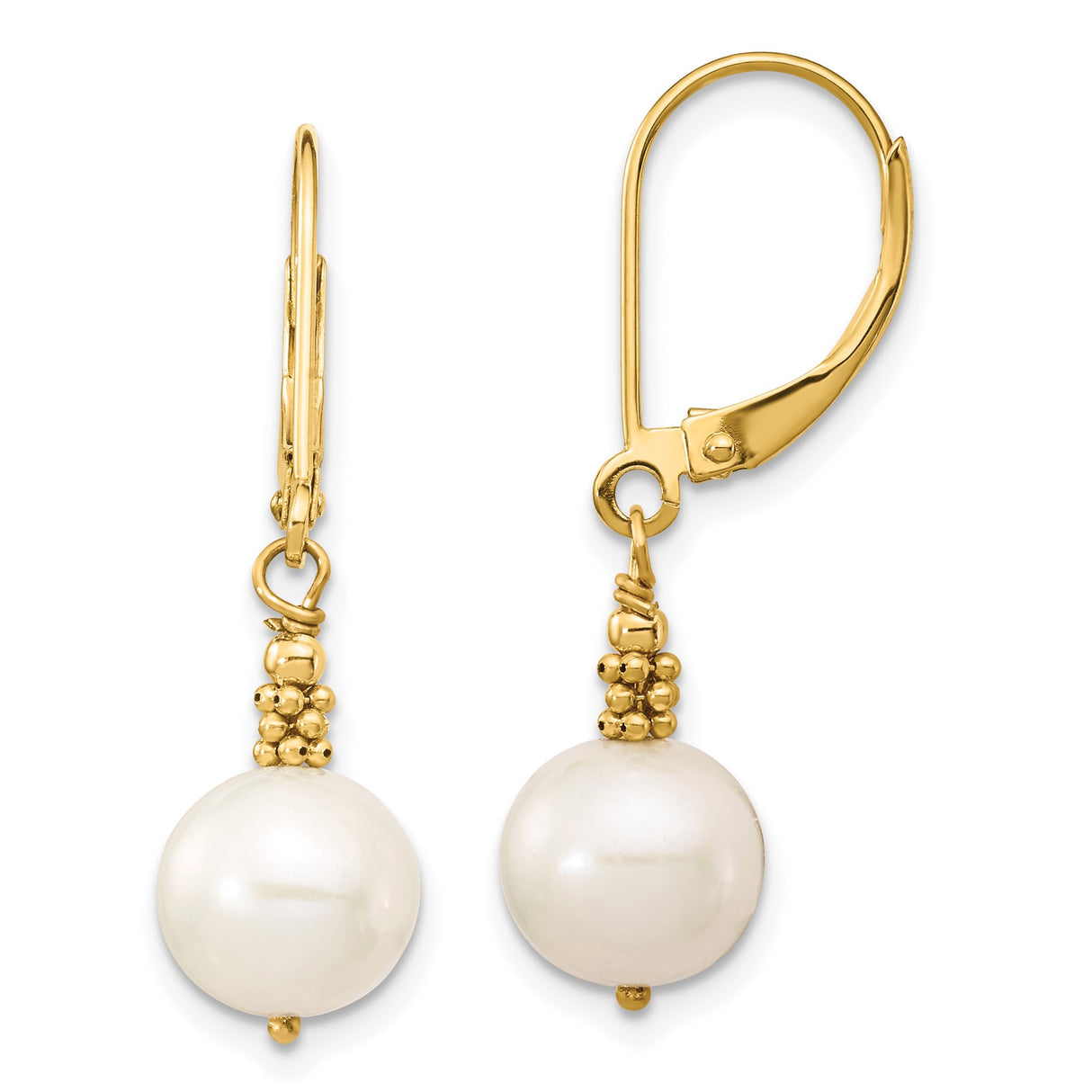 14k Yellow Gold Leverback Earrings with White Round Pearls and Gold Bead Accents