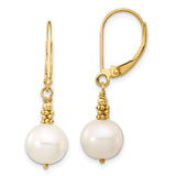 14k Yellow Gold Leverback Earrings with White Round Pearls and Gold Bead Accents