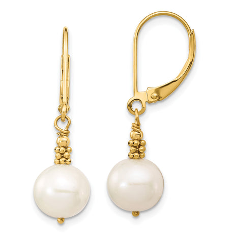 14k Yellow Gold Leverback Earrings with White Round Pearls and Gold Bead Accents