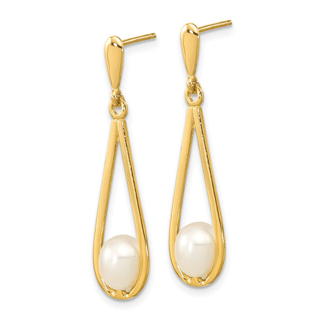 14k Yellow Gold Dangle Earrings with White Cultured Pearl, Modern Teardrop Design for Women