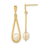 14k Yellow Gold Dangle Earrings with White Cultured Pearl, Modern Teardrop Design for Women