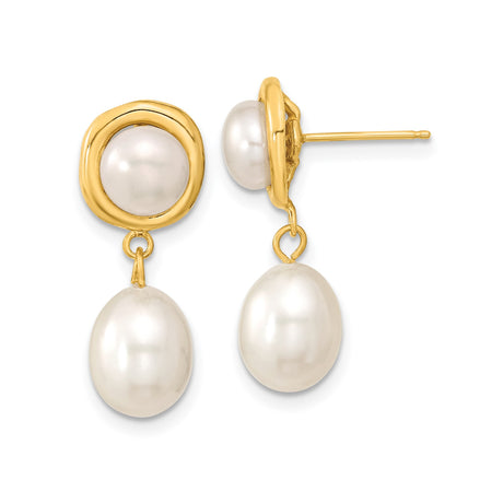 14k Yellow Gold Dangle Earrings with Teardrop Cultured Pearls, Classic Bridal Style