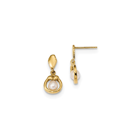 14k Yellow Gold Dangle Earrings with White Freshwater Pearl, Bow and Loop Design