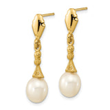 14k Yellow Gold Dangle Earrings with Cultured Freshwater Pearls, Art Deco Design