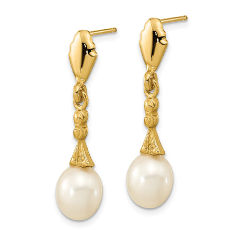 14k Yellow Gold Dangle Earrings with Cultured Freshwater Pearls, Art Deco Design