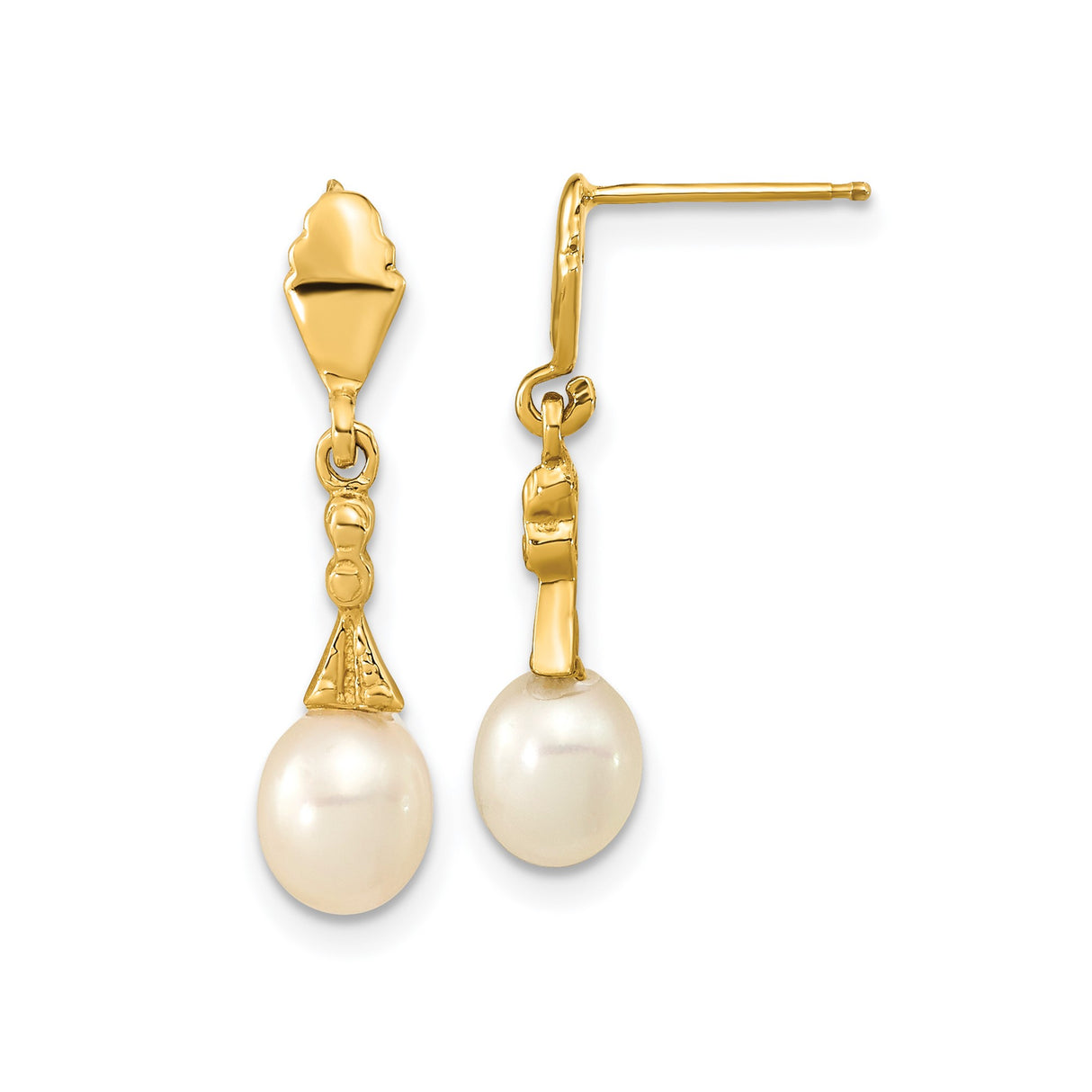 14k Yellow Gold Dangle Earrings with Cultured Freshwater Pearls, Art Deco Design