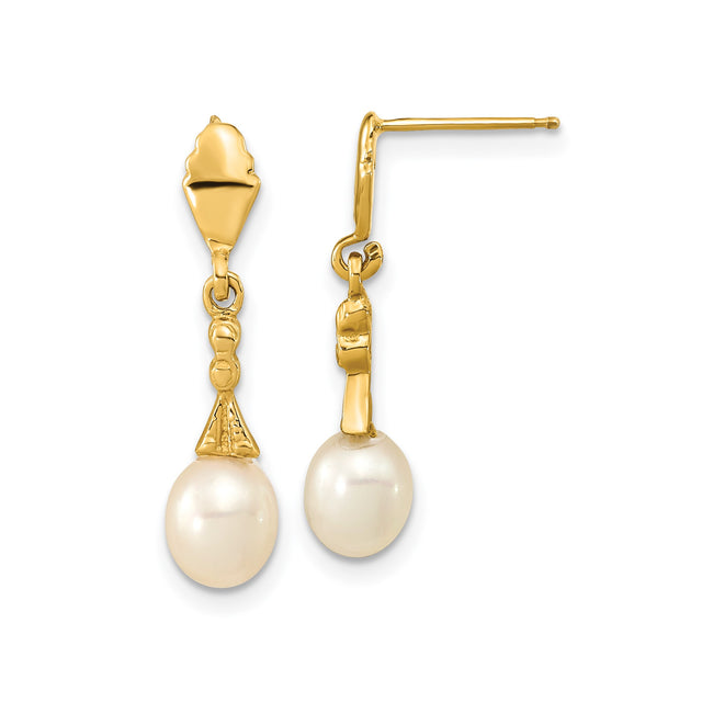 14k Yellow Gold Dangle Earrings with Cultured Freshwater Pearls, Art Deco Design