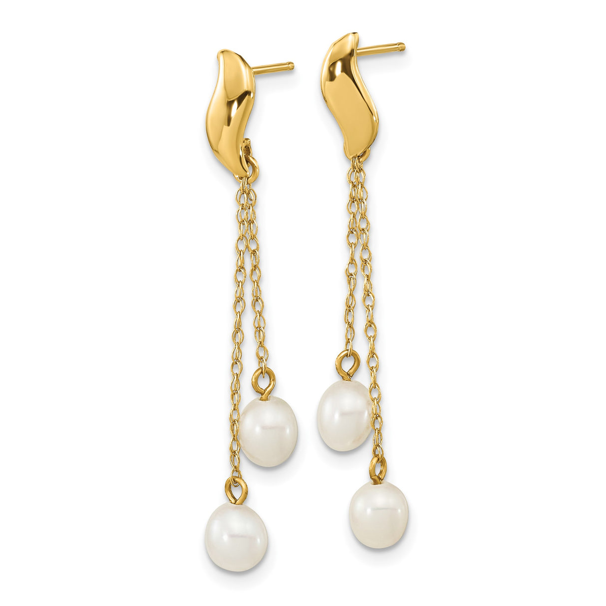 14k Yellow Gold Dangle Earrings with White Freshwater Cultured Pearls, Dual Chain Drop Design