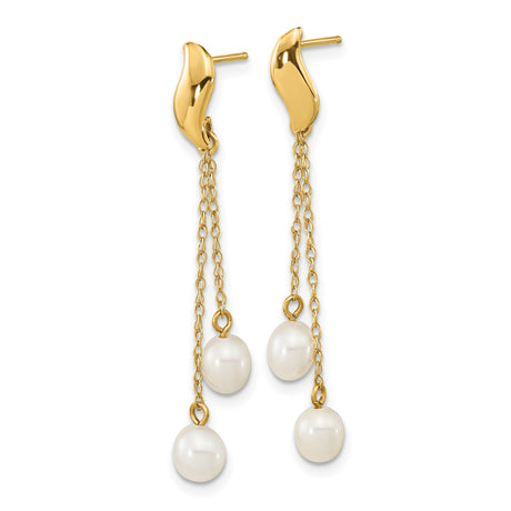 14k Yellow Gold Dangle Earrings with White Freshwater Cultured Pearls, Dual Chain Drop Design