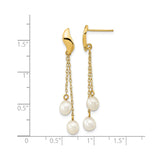 14k Yellow Gold Dangle Earrings with White Freshwater Cultured Pearls, Dual Chain Drop Design