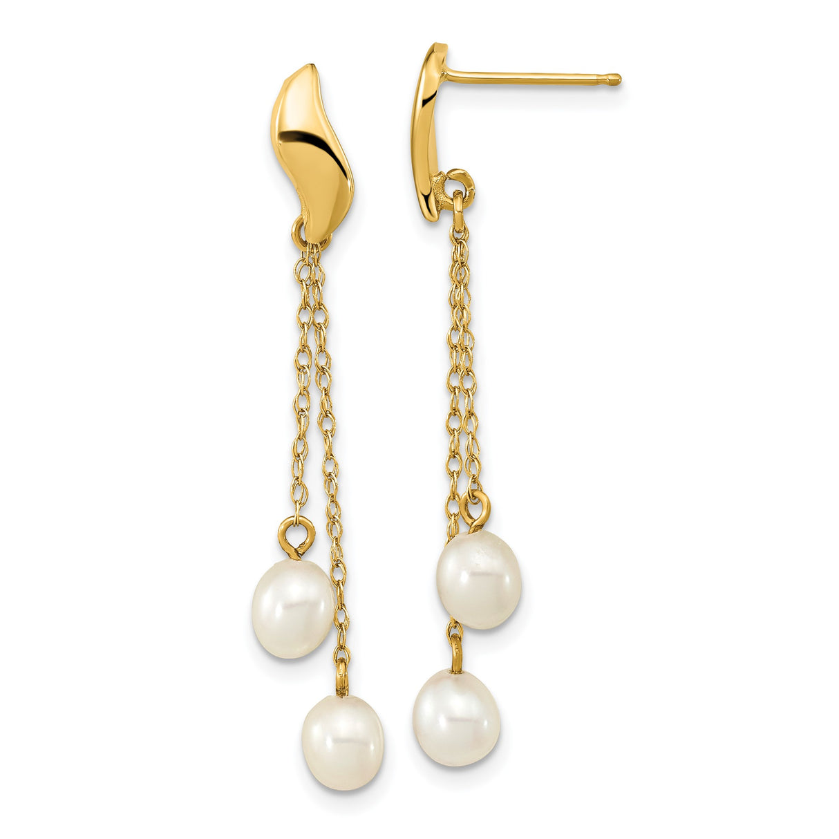 14k Yellow Gold Dangle Earrings with White Freshwater Cultured Pearls, Dual Chain Drop Design
