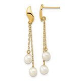 14k Yellow Gold Dangle Earrings with White Freshwater Cultured Pearls, Dual Chain Drop Design