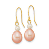 14k Yellow Gold Dangle Earrings with White and Pink Freshwater Pearls, Drop Design