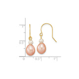 14k Yellow Gold Dangle Earrings with White and Pink Freshwater Pearls, Drop Design