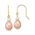14k Yellow Gold Dangle Earrings with White and Pink Freshwater Pearls, Drop Design