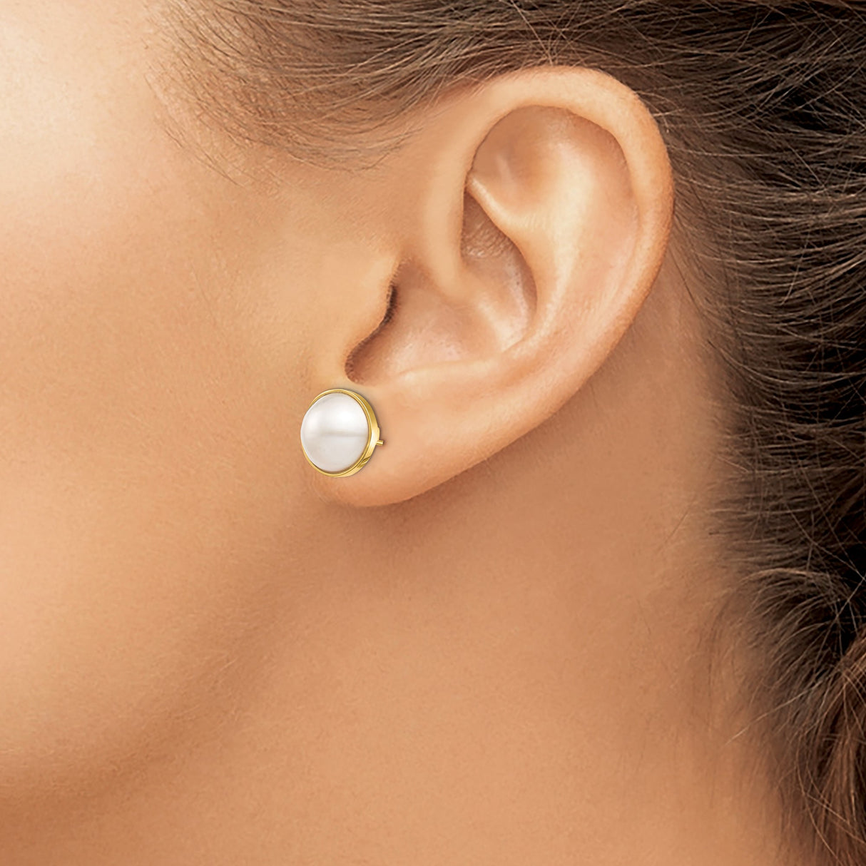 14k Yellow Gold Pearl Stud Earrings with Round White Cultured Pearls, Bezel Setting, Minimalist Style