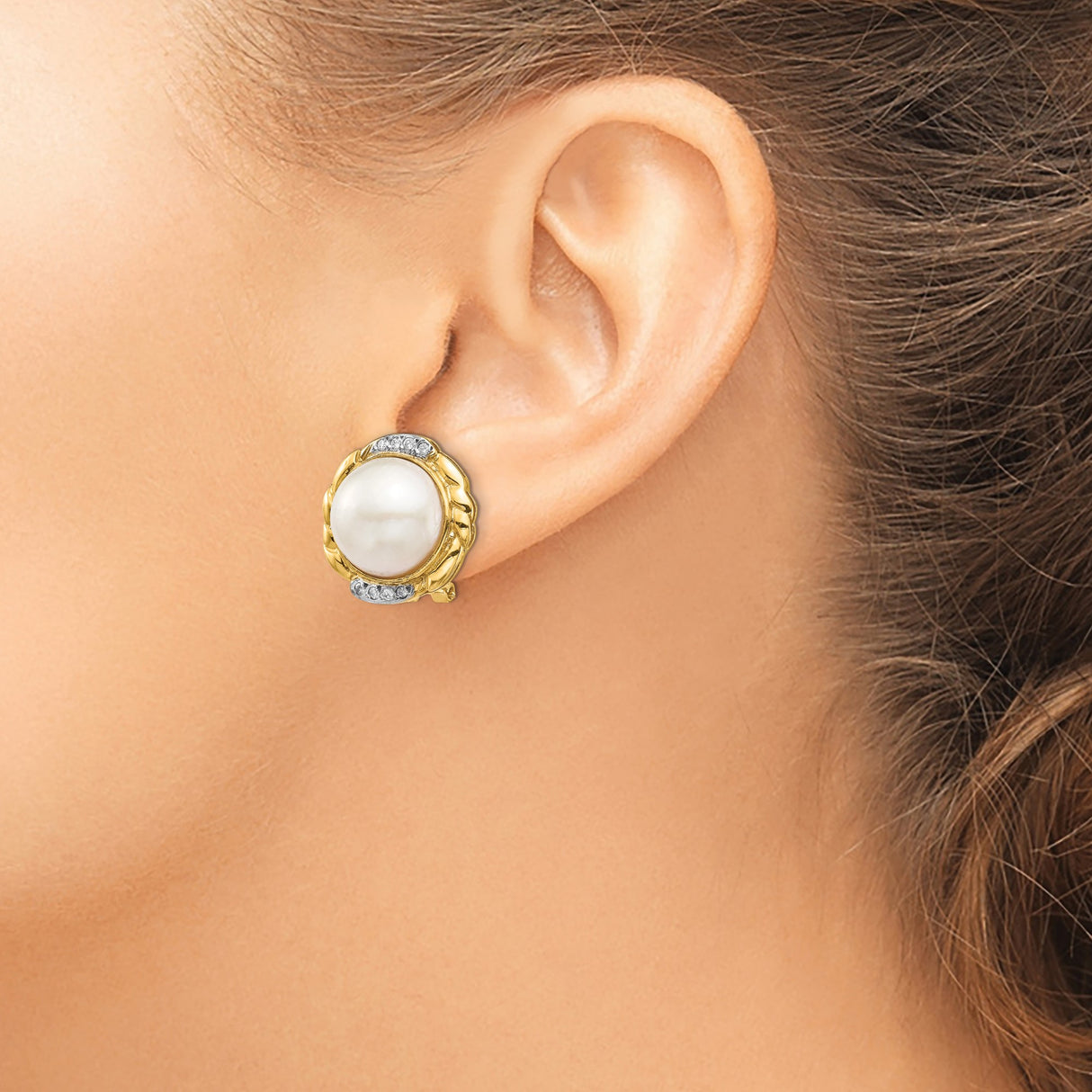 14k Yellow Gold Stud Earrings with Round White Cultured Pearls and Diamond Accents, Vintage Style