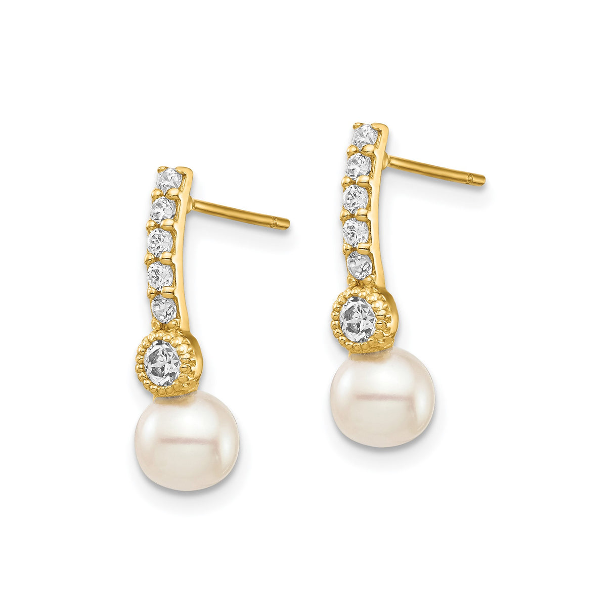 14k Yellow Gold Drop Earrings with Pearl and Cubic Zirconia, Bezel and Prong Set Dangle Jewelry