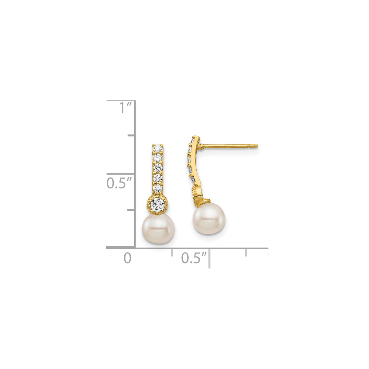 14k Yellow Gold Drop Earrings with Pearl and Cubic Zirconia, Bezel and Prong Set Dangle Jewelry