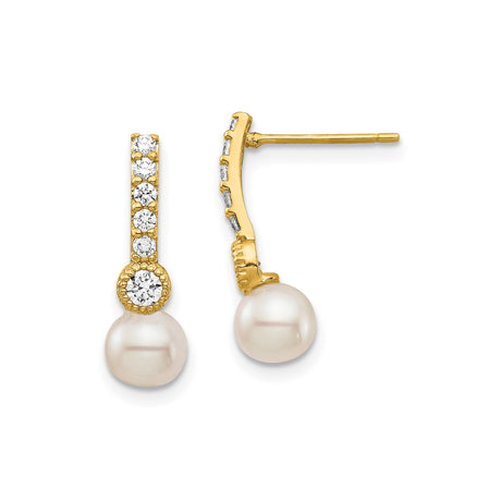 14k Yellow Gold Drop Earrings with Pearl and Cubic Zirconia, Bezel and Prong Set Dangle Jewelry