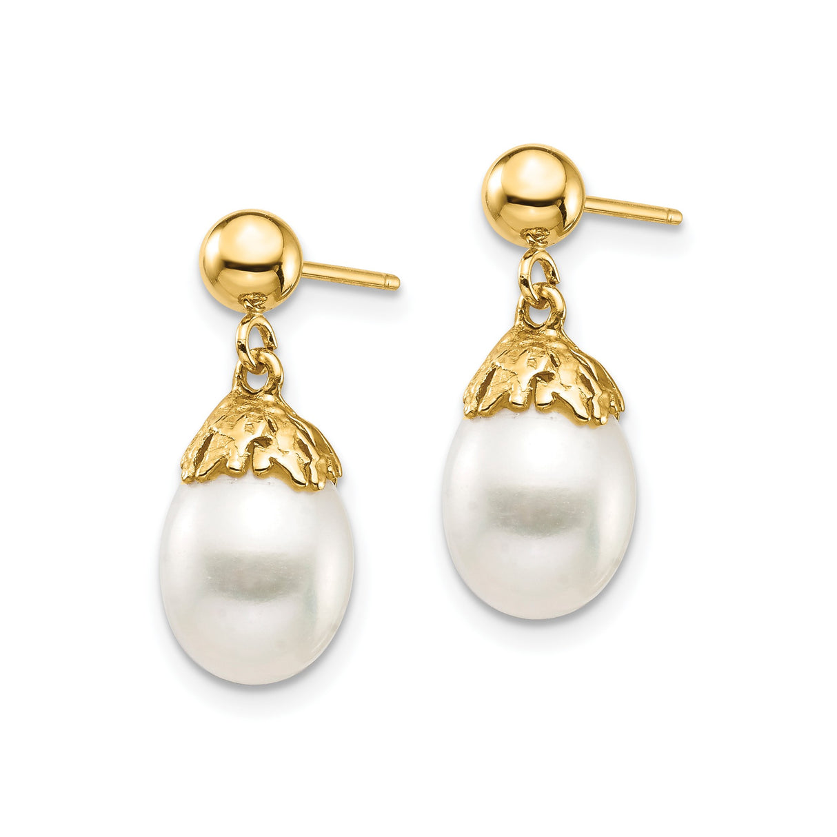 14k Yellow Gold Drop Earrings with White Freshwater Pearls, Textured Cap Design, Bridal Style