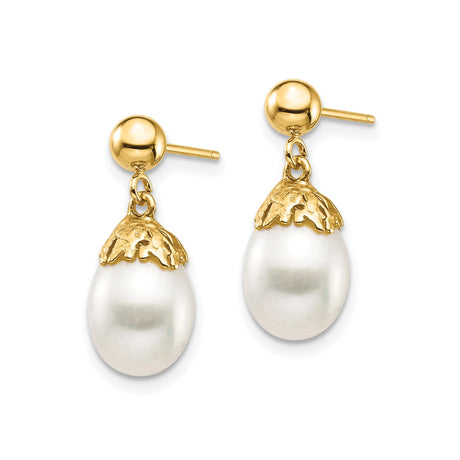 14k Yellow Gold Drop Earrings with White Freshwater Pearls, Textured Cap Design, Bridal Style