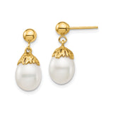 14k Yellow Gold Drop Earrings with White Freshwater Pearls, Textured Cap Design, Bridal Style