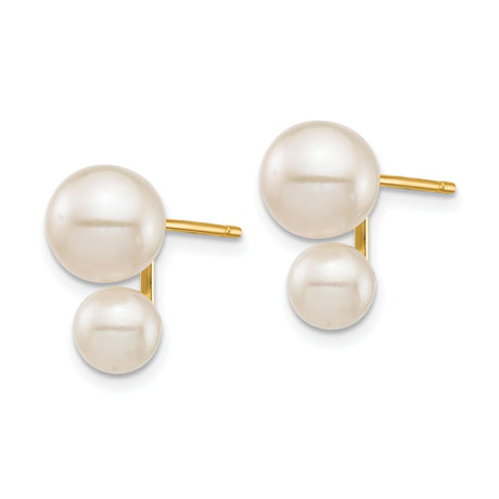 14k Yellow Gold Double Pearl Stud Earrings with White Cultured Pearls, Modern Front Back Design