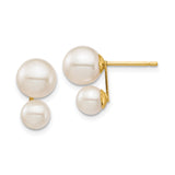 14k Yellow Gold Double Pearl Stud Earrings with White Cultured Pearls, Modern Front Back Design