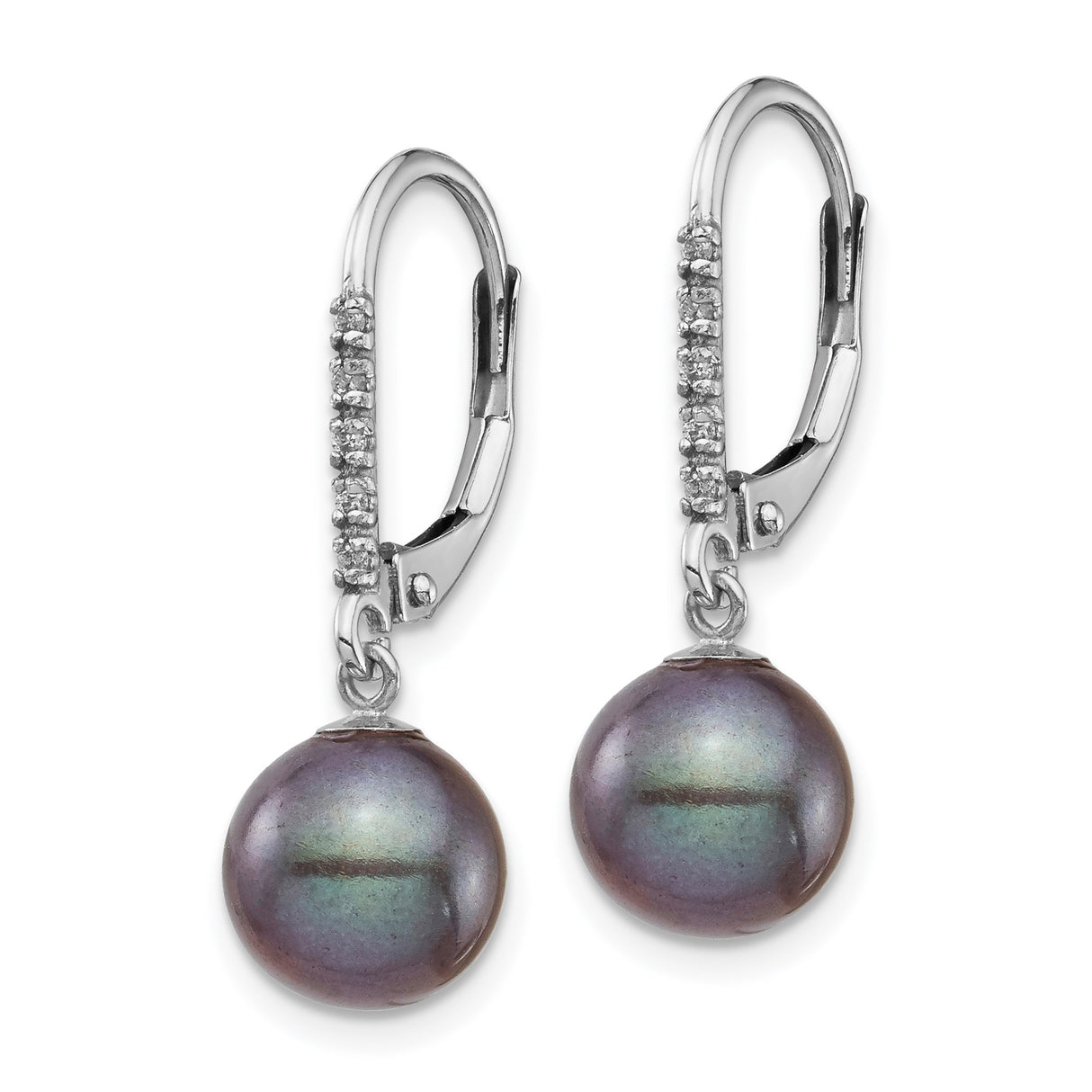 14k White Gold Dangle Earrings with Dark Freshwater Cultured Pearls and Diamond Accents