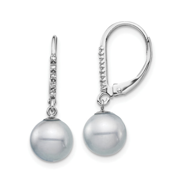 14k White Gold Dangle Earrings with Cultured Pearl Drops and Diamond Accents