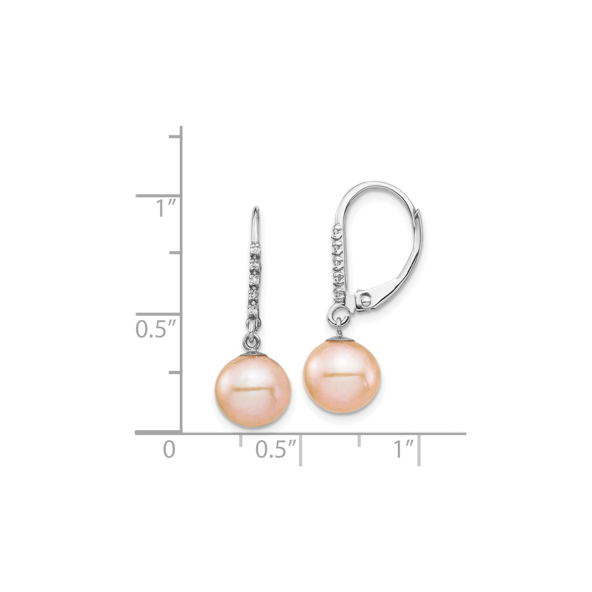 14k White Gold Drop Earrings with Peach Freshwater Pearls and Diamond Accents on Leverback